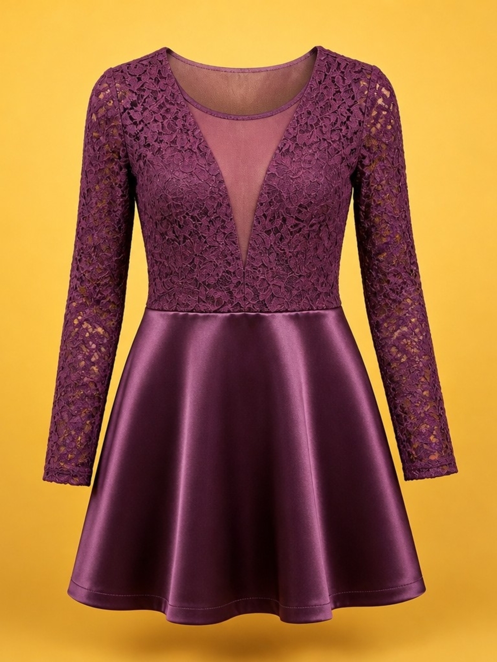 My Michelle Burgundy Homecoming Dress Lace Satin Long Sleeve Open Back Sz 9 4003